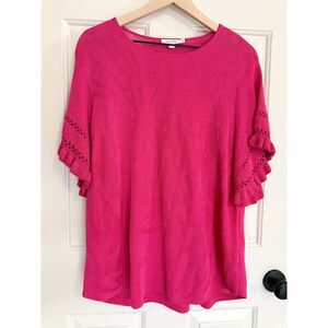 Chico's XL 3 Ruffle Sleeve Pullover Sweater Short Ruffle Sleeve Floral Pointelle